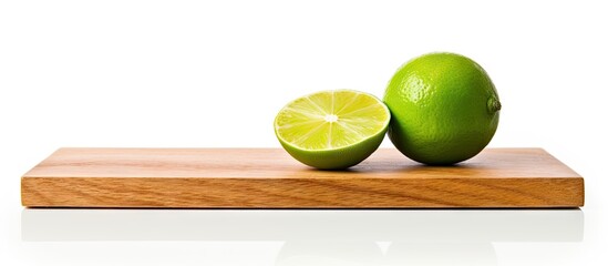 Poster - Fresh green lime and half lime placed on a wooden chopping board against a clean white background offering a vibrant and natural aesthetic.