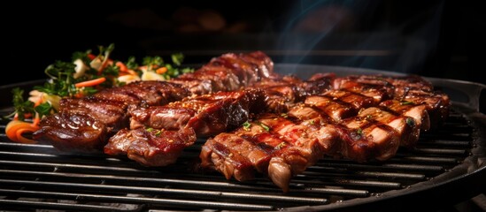 Poster - Deliciously grilled Korean pork ribs and marbled beef on charcoal grill with smoke wisps in dark background, garnished with fresh herbs and veggies.