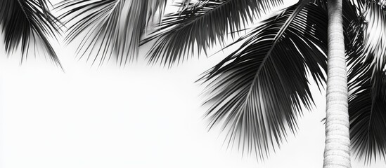 Aufkleber - Black and white image of palm tree leaves with a white background, showcasing the intricate pattern of fronds on the left side and the trunk on the right.