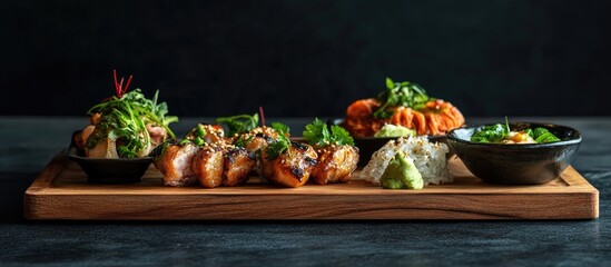 Poster - Elegant wooden platter displaying an array of sushi rolls and garnished greens, arranged symmetrically against a dark background, emphasizing vibrant colors.