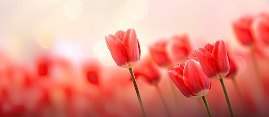 Aufkleber - Vibrant red tulips with sharp petals gracefully in focus against a soft blurred pastel background creating elegant copy space for text.