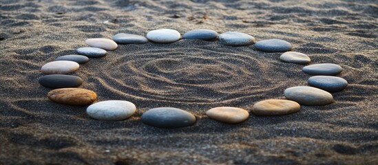 Poster - Circular arrangement of smooth sea stones in varying shades of gray and brown on a sandy beach with swirling patterns in the sand.