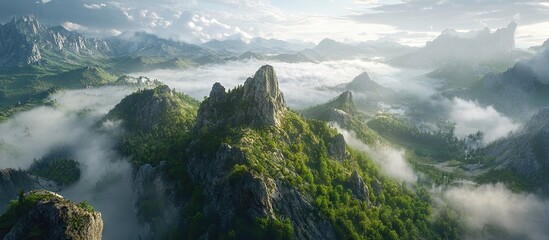 Leinwandbilder - Majestic mountain landscape with lush green peaks and misty valleys under a bright sky, showcasing nature's grandeur and tranquility.