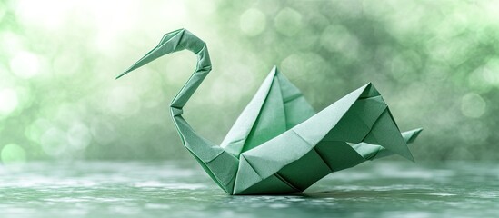 Leinwandbilder - Green origami crane delicately placed against a soft blurred background with varying shades of green and hints of light, emphasizing its intricate folds.