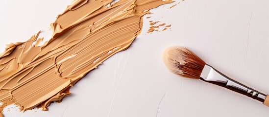 Poster - Light brown plasticine brush on white backdrop with creamy textured paint on the left side creating a spacious area for copy.