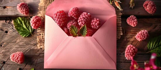 Poster - Fresh pink envelope overflowing with ripe raspberries and green leaves on rustic wood background with scattered berries and natural textures.