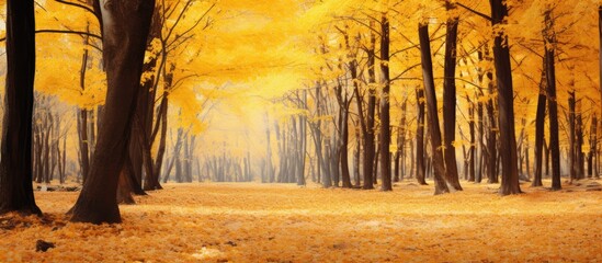 Aufkleber - Vibrant yellow autumn trees create a serene forest scene with soft lighting and ample copy space in the foreground and background for design use
