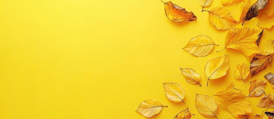 Leinwandbilder - Panoramic autumn banner with vibrant yellow background and scattered maple leaves in warm orange and brown hues creating a cozy fall atmosphere
