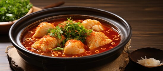 Poster - Spicy Blowfish Soup in a dark stone bowl garnished with green herbs on a rustic wooden table with a side dish of grated seafood.