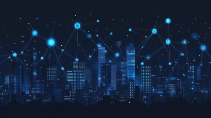 Poster - Night city skyline, digital network connections, futuristic technology, website banner