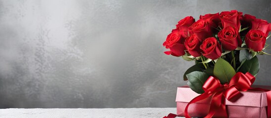 Aufkleber - A bouquet of vibrant red roses rests beside a pink gift box on a textured stone floor with a neutral grey background and ample space for text.