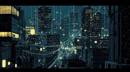 Poster - Futuristic city nightscape, data streams, urban backdrop, technology concept