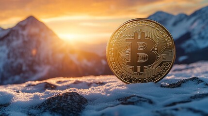 Poster - Bitcoin coin in the snow with mountain sunset, golden light. Cryptocurrency and digital finance concept