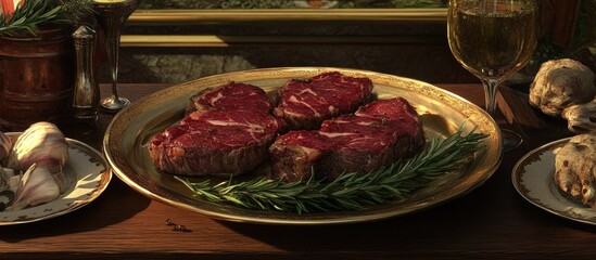 Aufkleber - Juicy red steaks on a golden platter surrounded by fresh rosemary and garlic with a rustic background and soft natural light illuminating the scene.