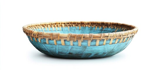 Poster - Colorful woven bamboo basket with turquoise interior placed at a slight angle against a white background highlighting craft details and texture.