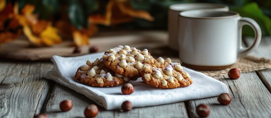 Poster - Nut cookies on a white napkin with hazelnuts and two mugs in the background, featuring warm autumn colors and a rustic wooden surface.