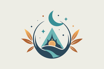Poster - A creative logo design showcases a mountain, moon, and sun with playful elements, conveying nature's beauty, Create a minimalist logo with a playful and whimsical feel