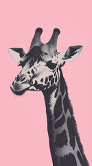 Poster - Giraffe's Portrait in Pink: A graceful giraffe, its patterned coat contrasting against a soft pink background, embodies elegance and a touch of whimsical charm.