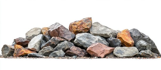 Poster - Colorful pile of various rocks in shades of gray, brown, and orange, centrally positioned against a white background, suitable for matte painting applications.