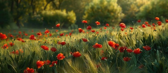 Poster - Vibrant field of red poppies under soft golden sunlight with lush green grass swaying gently in the breeze, creating a serene and picturesque scene.