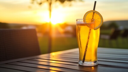 Poster - A pint of wheat beer served in a curvy glass, with a slice of orange on the rim, sitting on a dark wooden table with a blurred beer garden in the background.