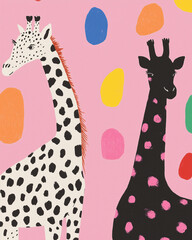 Poster - Whimsical Giraffes: Playful illustrations of two giraffes, one adorned with striking black spots and the other with white spots, set against a vibrant pink background punctuated by colorful circles. 