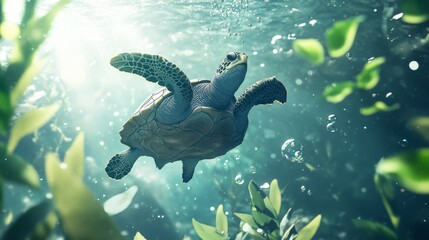 Poster - A playful shot of a sea turtle flipping in the water, surrounded by bubbles and marine plants, capturing the joyful essence of underwater life.