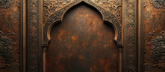 Poster - Ornate antique Arabian background with intricate carvings in rich brown and copper tones, featuring a large arch at the center for artistic displays.