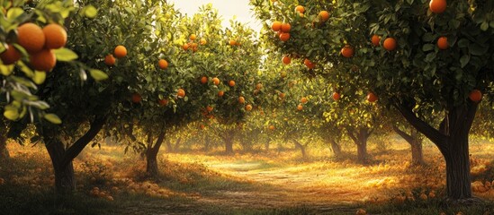 Fototapete - Lush orange orchard scene with ripe fruits, vibrant green foliage, and soft golden light illuminating a tranquil path through the trees