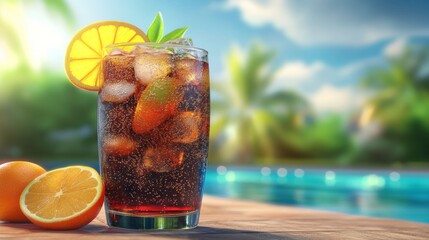 Aufkleber - A refreshing glass of fizzy soda garnished with citrus slices, sitting on a poolside table with a blurred background of a sunny day.