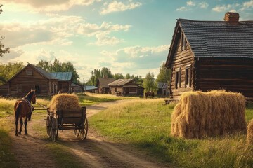 Aufkleber - Countryside landscape with horse and cart near rustic wooden houses at sunset in a serene rural setting. Generative AI