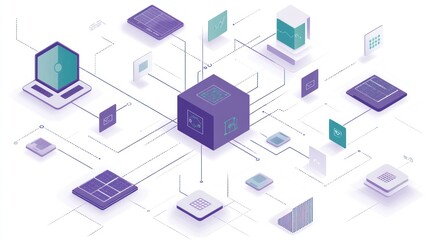 Poster - Data network cube, server, digital technology, isometric illustration, website banner