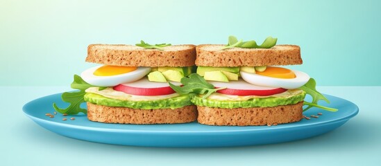 Poster - Healthy sandwich stacked with layers of soft boiled eggs, avocado, radish, green onion, and arugula on a blue plate against a light background.