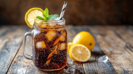 Poster - A refreshing soda served in a mason jar with ice, topped with a lemon slice and mint, sitting on a rustic wooden table in natural light.