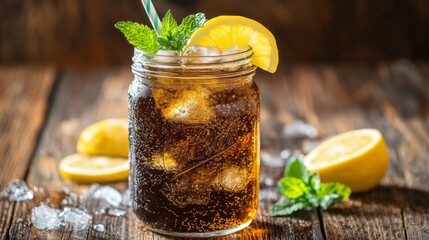 Poster - A refreshing soda served in a mason jar with ice, topped with a lemon slice and mint, sitting on a rustic wooden table in natural light.