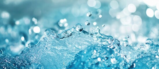 Fototapete - Blue water splash with droplets, abstract motion in a clear aqua environment, featuring bubbles and wave shapes, bright reflective highlights.