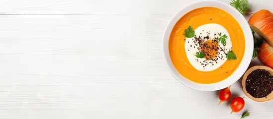 Aufkleber - Creamy pumpkin and lentil soup in a white bowl topped with cream and herbs on a light wood background surrounded by pumpkins and vegetables