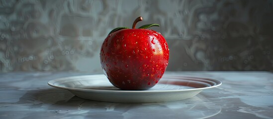 Poster - Miniature red apple cake sculpture on a white plate centered against a gray textured background with soft lighting and ample copy space.