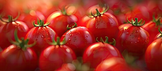 Poster - Vibrant red mini tomatoes clustered together with glistening surface, soft natural light creating appealing copy space in the background.