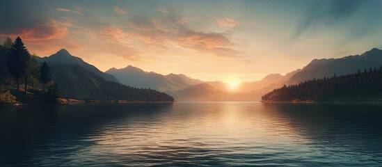 Aufkleber - Serene lake reflecting golden hues of sunset surrounded by mountains under a colorful sky with soft clouds and tranquil water surface.
