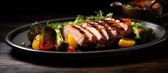 Aufkleber - Deliciously plated roasted pork tenderloin on a black dish surrounded by vibrant grilled vegetables with a dark wooden background and ample copy space