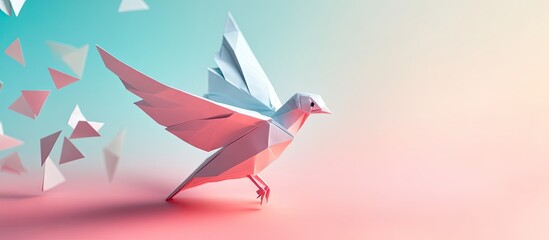 Poster - Colorful origami bird in motion with pink to turquoise gradient background, showcasing delicate paper craft and design creativity.