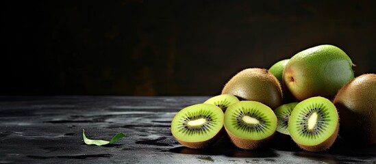 Poster - Fresh kiwi fruits arranged on a black kitchen table with vibrant green inside slices visible and a dark background creating contrast.