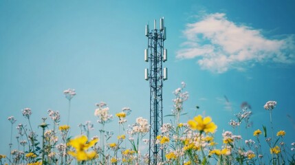 Poster - A serene image of a cell phone tower standing tall among a field of wildflowers, illustrating the harmony between technology and nature in rural settings.
