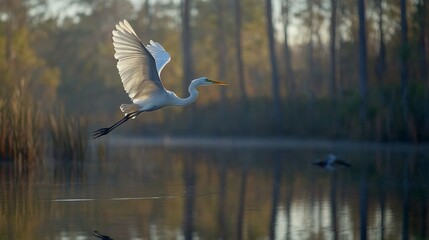 Poster - A serene image of a white heron gracefully flying over a calm lake, its reflection visible on the water's surface, emphasizing the tranquility of nature.