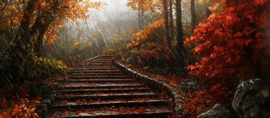 Aufkleber - Lush red and orange autumn forest stairs, misty atmosphere, vibrant foliage glistening after rain, inviting path through nature's beauty.