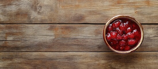 Poster - Raspberry preserves in a copper bowl on a textured wooden surface with ample negative space for text viewed from above in natural light