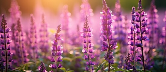 Aufkleber - Vibrant purple and violet salvia flowers in a summer garden, softly blurred background highlighting light and shadows with selective focus.