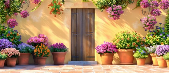 Aufkleber - Colorful flower pots in varying sizes with vibrant pink, purple, and orange blooms arranged near a wooden door on a warm yellow wall, ample copy space.