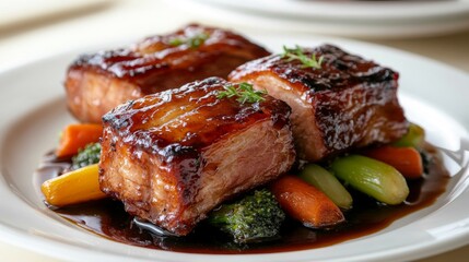 Poster - A slow-cooked pork belly presented with a glossy glaze, resting on a bed of sauted vegetables and drizzled with sauce for a gourmet touch.